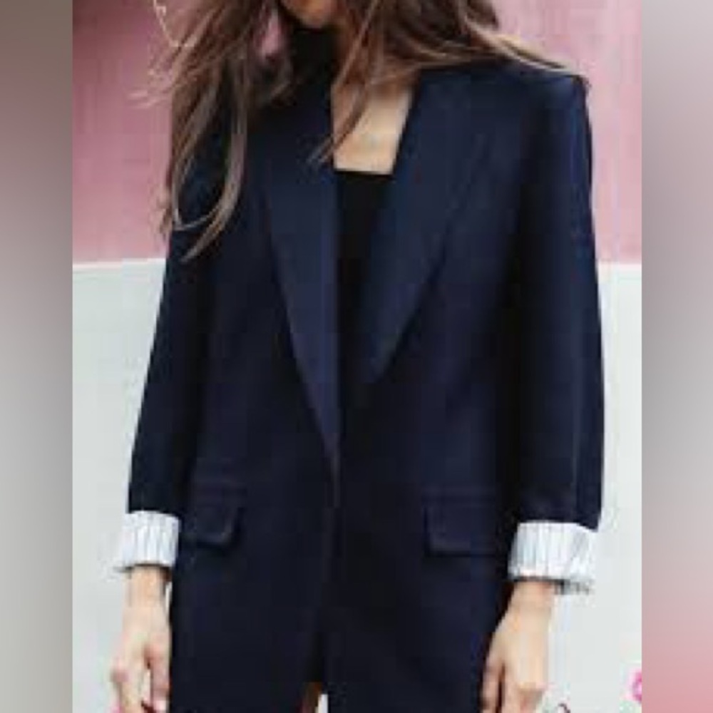 Zara Line Blend Open Front Blazer Navy Size Small